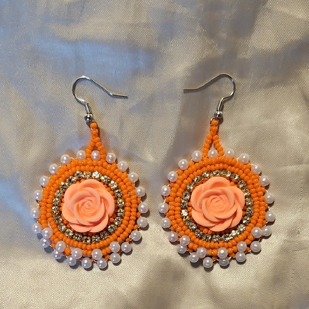 Orange Beaded Rose Earrings